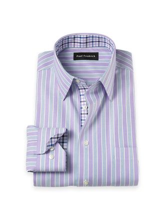 Paul Fredrick Traveler Cotton Blend Stripe Dress Shirt With Contrast Trim