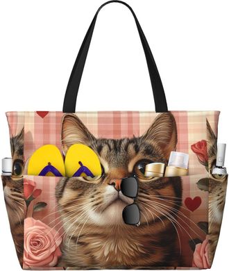 Generic Flowers Cat Print Large Beach Bag Foldable Travel Shoulder Tote Bag With Pocket For Weekender Pool Vacation