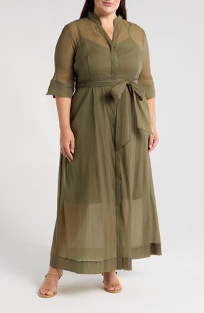 Melloday Chiffon Maxi Shirtdress in Olive at Nordstrom, Size 1X