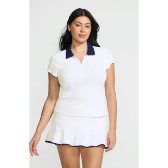 Lands End Short Sleeve Pique Johnny Collar UPF 50 Rash Guard in White/deep Sea Navy at Nordstrom, Size 1X