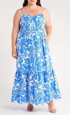 Sugarlips Magee Floral Cabana Sleeveless Maxi Dress in White/Blue/Multi at Nordstrom, Size 1 X