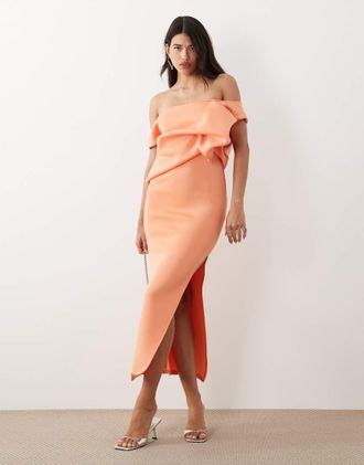 Asos Vestito midi drappeggiato e arricciato in tessuto scuba color melone-Arancione