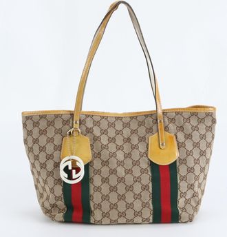 Gucci Brown Yellow Leather Canvas Shoulder Bag Tote Bag (Pre-Owned)