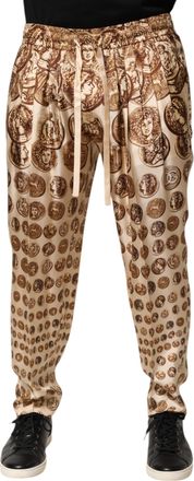 Dolce & Gabbana Mens Coin Print Silk Pants - Tan - Size EU 50 (Mens)