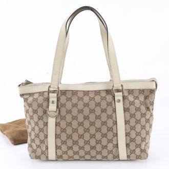 Gucci Beige Leather Canvas Handbag Shoulder Bag Tote Bag (Pre-Owned)