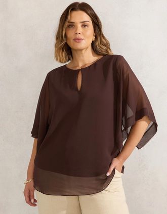 Live Unlimited London Womens Chocolate Keyhole Overlay Blouse - Brown - Size: 14