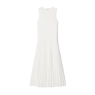 Lacoste White V-Neck Pleated Midi Dress
