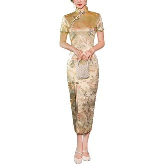 Generic Deluxe Sleeveless Cheongsam Costume Mandarin Collar Side High Split Chinese Traditional Party Cocktail Bodycon Outfit, 13-gold, M