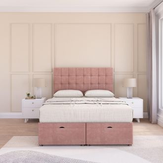 Sloomy Alabama Plush Fabric Ottoman Bed End Opening With Sprung Memory Mattress & 54 Inch Floorstanding Headboard in Pink | Size: King