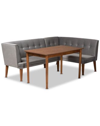 Baxton Studio Stewart Mid-Century Modern Velvet Upholstered 3Pc Dining Nook Set