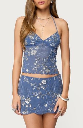 Edikted Nelley Sequin Backless Halter Top in Blue at Nordstrom, Size X-Small