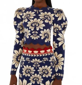 Farm Rio Puff Sleeve Knit Top In Luna Blue