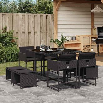 vidaXL Set De Comedor De Jard&iacute;n 9 Pzas Y Cojines Rat&aacute;n Sint&eacute;tico Negro Vidaxl