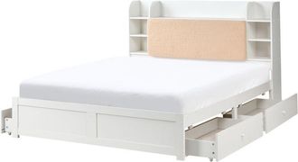 Beliani Cama Con Somier 160 X 200 Cm De Madera De Pino Mdf Minimalista Con Almacenaje 4 Cajones Y Estantes Cabecero De Boucl&eacute; Beige Blanco Bizou