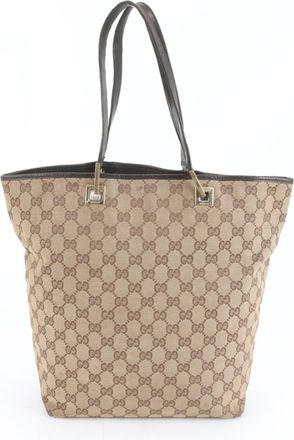 Gucci Brown Leather Canvas Tote Bag (Pre-Owned)