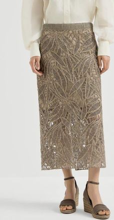 Brunello Cucinelli Linen and cotton dazzling cacao leaves embroidery skirt in Rope at Nordstrom, Size 40