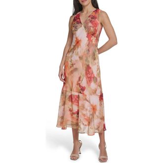 Calvin Klein Floral Sleeveless Chiffon Maxi Dress in Tango Multi at Nordstrom Rack, Size 12