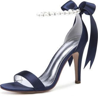 Generic Wedding Shoes Womens Satin Ankle Strap Bridal High Heelsheeled Open Toe Prom Party Dress Stiletto Sandals 10.5Cm,Dark Blue,4 UK