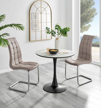 Furniturebox Elina White Marble Effect Scratch Resistant Dining Table & 2 Murano Faux Leather Chairs in Beige