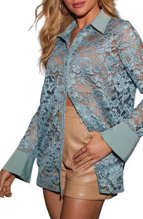 VICI Collection Off the Vine Sheer Lace Shirt in Seafoam at Nordstrom, Size X-Large
