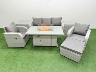 Fimous PE Rattan Garden Furniture Set Reclining Chair Sofa Lounge Sofa Set Firepit Dining Table 2 Side Table Big Footstool Light Grey