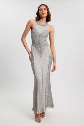 Karen Millen Womens Petite Crystal Embellished Halter Woven Maxi Dress - Silver - Size 16 UK