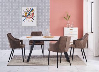 Life Interiors Life Interiors - Juego De Comedor Toga Lux Zarah: Mesa De Comedor Extensible Blanca Y Juego De 4 Sillas De Comedor De Cuero Marr&oacute;n Oscuro - Comedor Co