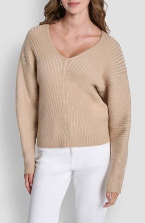 DKNY Transfer Rib V-Neck Sweater in Travertine/Ivory at Nordstrom, Size X-Small