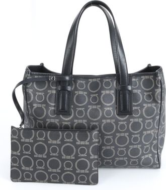 Ferragamo Black Leather Coated Canvas Pouch Tote Bag (Pre-Owned)