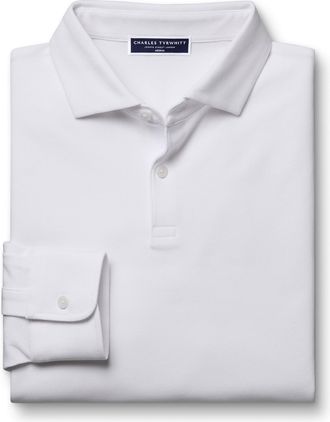 CHARLES TYRWHITT Long Sleeve Smart Pique Cotton Polo - White Size Large by Charles Tyrwhitt