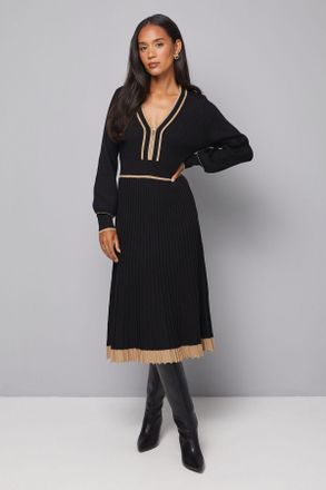 Wallis Womens Zip Front Pleated Knitted Midi Dress - Black Viscose - Size X-Large