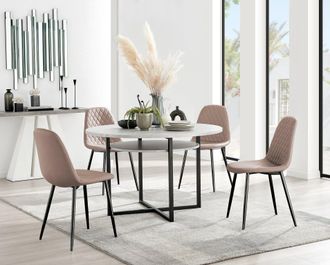 Furniturebox Adley Grey Concrete Effect & Black Round Dining Table with Shelf & 4 Faux Leather Corona Dining Chairs in Beige