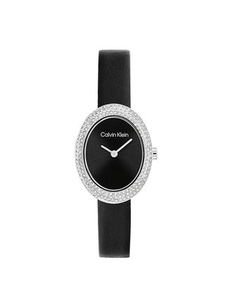 Calvin Klein Womens Contoured Bezel Oval Dial Leather Strap Watch - Black - OS