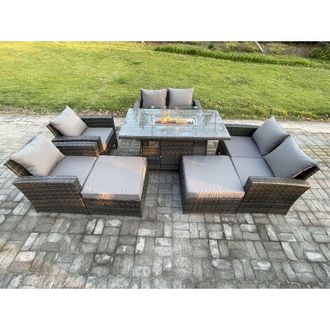 Fimous 8 Seater Rattan Garden Furniture Set Outdoor Lounge Sofa Chair Gas Fire Pit Dining Table Set With 2 Big Footstool Double Seat Sofa Armchiar - Fimous