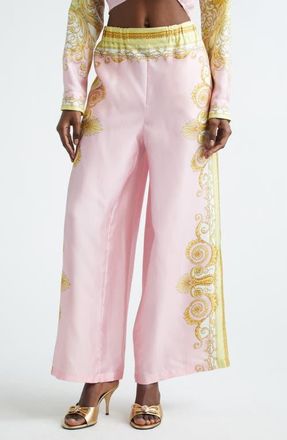 Versace Barocco Print Wide Leg Silk Twill Pants in Pale Yellow Rose Quartz at Nordstrom, Size 10 Us