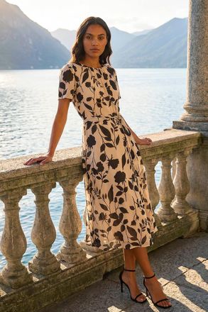 Roman Floral Print Pleat Neck Midi Dress