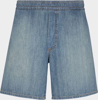 Balmain Mens Faded Denim Stretch Pull-On Shorts