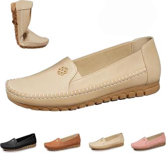 Generic Stylish Orthopedic Leather Shoes, All-Day Comfort for Women, Lightweight, Anti-Slip, Breathable Flat-Soled Shoes with Flower (Off-White,5.5)