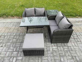 Fimous Outdoor Garden Furniture Sets 5 Pieces Wicker Rattan Furniture Sofa Sets with Rectangular Dining Table in Dark Grey