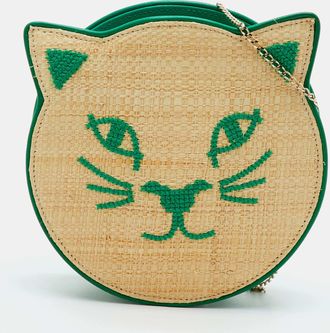 Charlotte Olympia Kitty Beige/green Leather And Raffia Chain Clutch