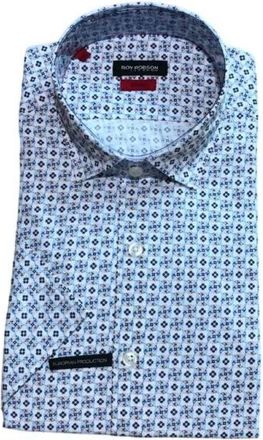 Roy Robson Geometrisch Print Slim Fit Kortemouw Overhemd - Heren - Korte mouwen Overhemden - Blauw - S - Katoen - Overhemden