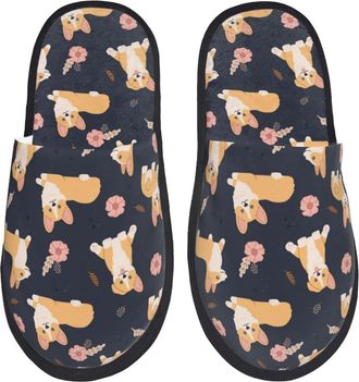 Generic Fluffy Slippers Cute Corgi Dog Puppy Flower Black Furry House Slippers Soft House Shoes For Men Winter Women M