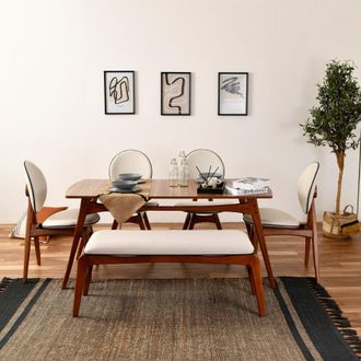 Dmora Conjunto Mesa Y Sillas Pedrengo, 6 Personas, Banco: 105x40h48 Cm, Sillas: 54x44h90 Cm, Mesa: 160x78h75 Cm, Marr&oacute;n Nogal