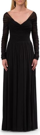 La Femme Off the Shoulder Net Jersey Gown with Long Sleeves in Black at Nordstrom, Size 12