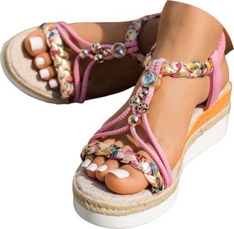 Generic Wide Width Wedge Sandals For Women,2026 Open Toe Jeweled Beaded Platform Sandals for Women Summer Dressy Strap Walking Shoes Vintage Non Slip Casual S