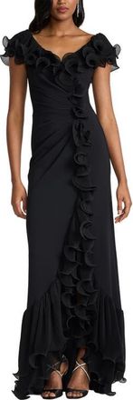 Tadashi Shoji Pleated Ruffle Gown in Black at Nordstrom, Size X-Large