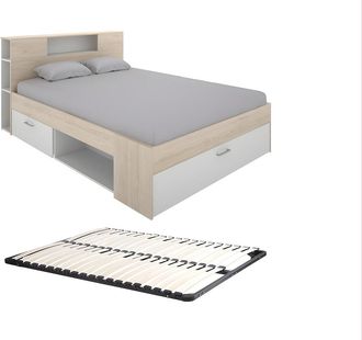 Vente-Unique Cama con cabecero con compartimentos y cajones - 160 x 200 cm - Color: natural y blanco + Somier - LEANDRE