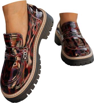 Generic Loafers Shoes for Women Womens Loafers & Moccasins Leopard Print Shoes Orthopedic Platform Penny Loafer Womens Slip-On Low Top Leather Loafer Light We