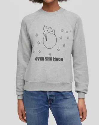 Re/Done Classic Snoopy Over The Moon Crewneck Sweatshirt In Heather Grey