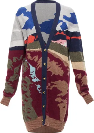 Barrie Cashmere Colorful Landscape Intarsia Deep V Long Cardigan